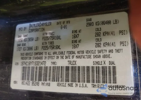 2001 Dodge Ram 1500 St z USA, uszkodzony, nr VIN 1B7HC16Y71S321472